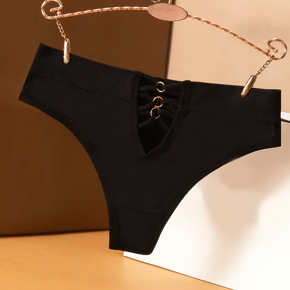 Women's black lace-up low-rise thong panties with elegant front detail, durable knit fabric, and chic design - model SF2192.